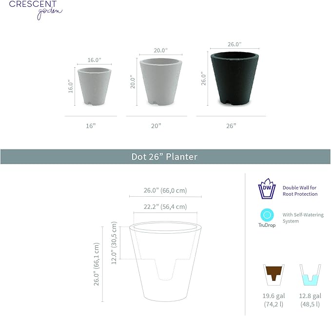 Crescent Garden Dot TruDrop Indoor/Outdoor Planter, Self-Watering Plant Pot, 26 Inches, (Alpine White)