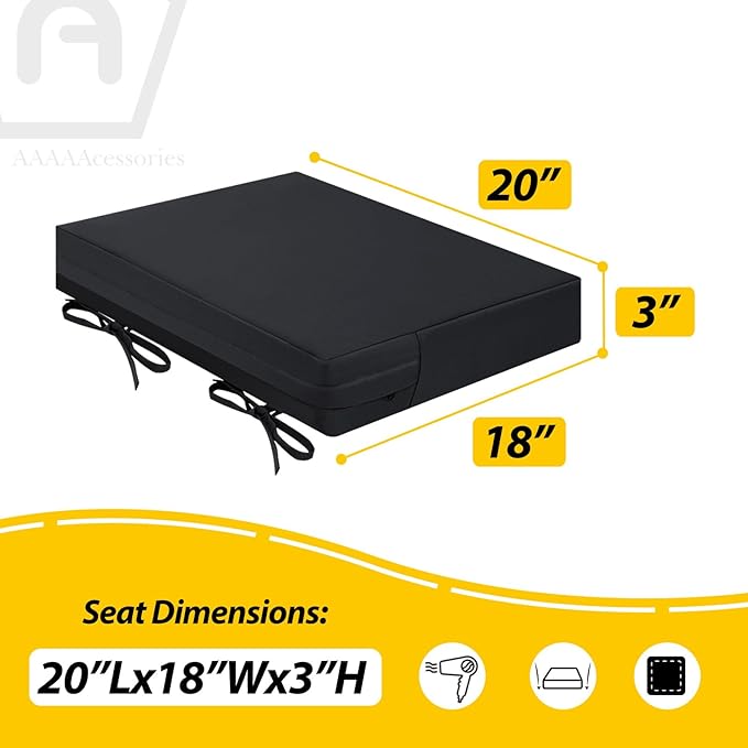 AAAAAcessories Outdoor Seat Cushions for Chairs, Waterproof, Fade-Resistant Patio Furniture Replacement Cushions, 20" x 18" x 3", Set of 2, Black