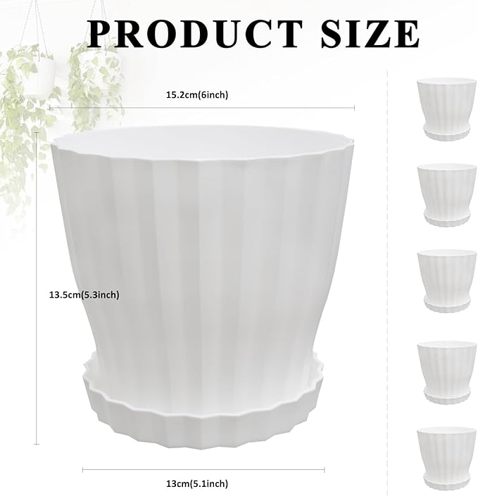 Flower Pots Outdoor Clearance 6 inch Set of 5 Succulent Planters for Indoor Plants Garden Home Holiday, Plastic Nursery Pots for Plants with Drainage Holes and Saucer, Modern Plant Pot White