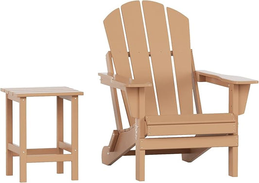 WO Home Furniture Adirondack Chair Table Set of 2 PCS Outdoor Folding Chair w Side Table Weather/UV Resistant for Lawn, Garden, Bon Fire, Balcony (Teak)