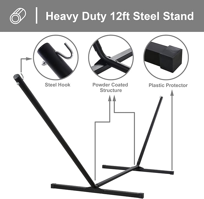 SUNCREAT Rope Hammock with Stand Included, Portable Double Hammock with Soft Pillow, Gray