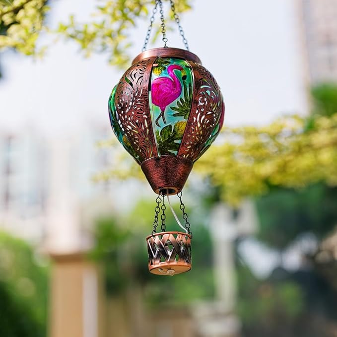 Flamingo Hot Air Balloon Solar Lanterns Outdoor Waterproof,Metal Garden Decor Solar Hot Air Balloon Lantern with Flame Flickering Lights for Patio,Porch,Yard Decor Mother Day Gifts for Women