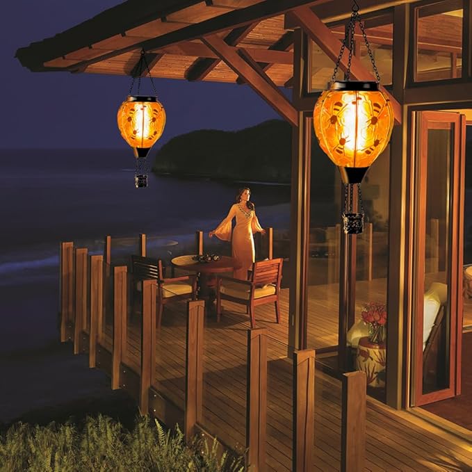 Starsoul Hot Air Balloon Solar Lantern Bee Glass Hanging Outdoor Hot Air Balloon Solar Flickering Flame Light Waterproof Garden Patio Yard Party Decorations