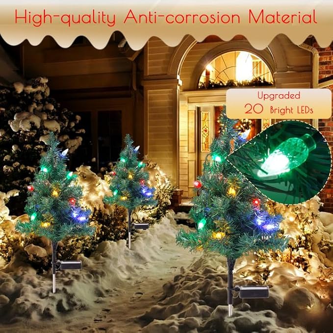 Solar Christmas Tree Lights Decorations - Outdoor Waterproof Xmas Pathway Stake With 20 Strawberry LED in 4 Colors for Garden/Patio/Lawn/Yard, Ornament 2 Packs