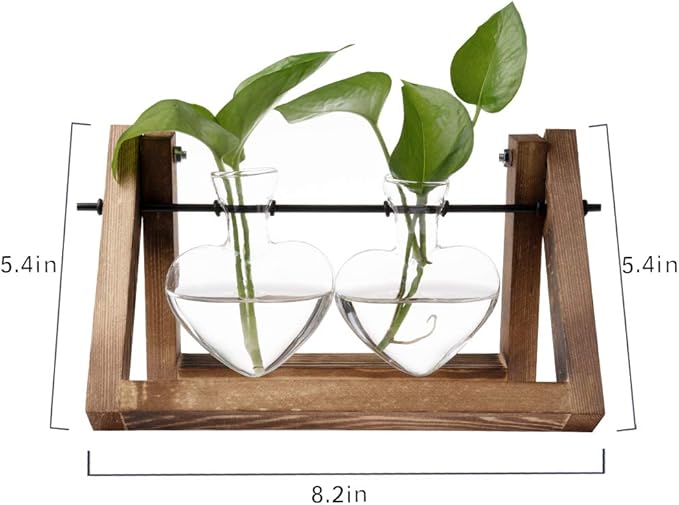 Kingbuy Glass Desktop Planter with Retro Wooden Stand and Plant Terrarium Vase (2 Hearts) for Indoor Home Office Desk Decor Accessories