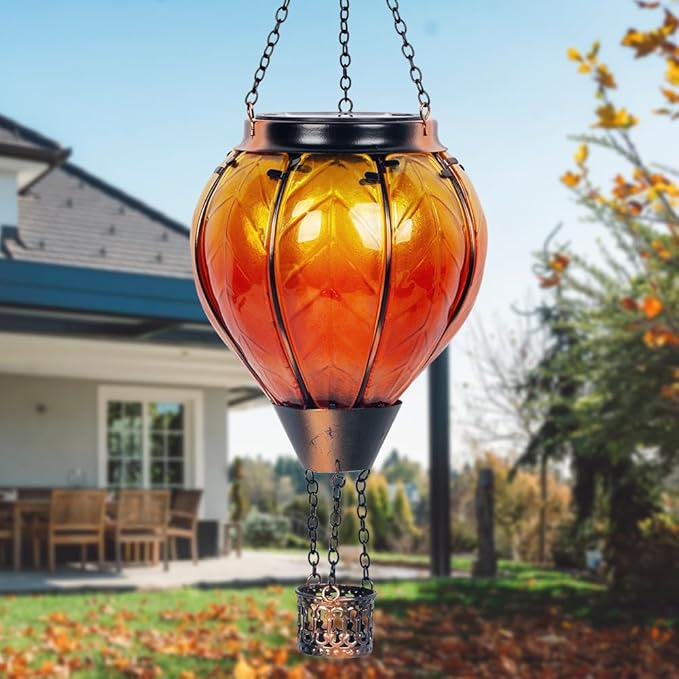 Starsoul Orange Solar Hot Air Balloon Lantern Glass Hot Air Balloon Solar Lantern with Flickering Flame Light Outdoor Solar Hanging Lights Waterproof for Garden Yard Patio