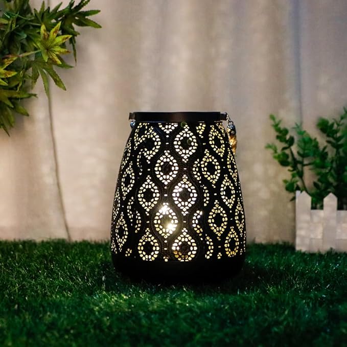 TRIROCKS Moroccan Style Metal Lamp 8''H Battery Operated Cordless Table Lamp Vintage Lantern for Living Room Garden Yard Patio Parties Event Indoors Outdoors (Black with Gold Brush)