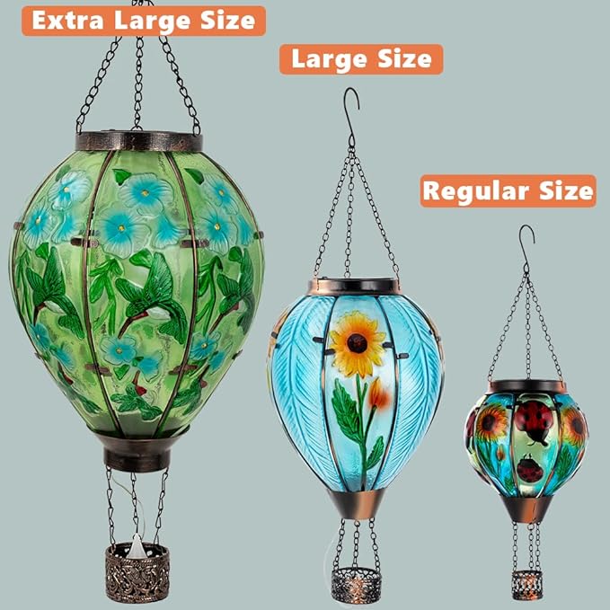 Starsoul Extra Large Solar Hot Air Balloon Lantern with Flame Hummingbird Glass Outdoor Hanging Hot Air Balloon Solar Light Waterproof Garden Patio Yard Party Decorations