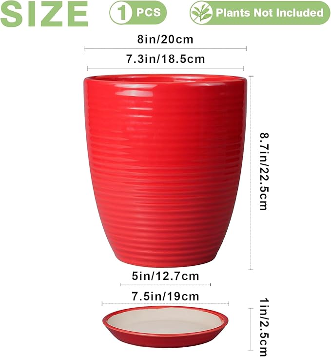 Ceramic Pot for Plants - 8 Inch Plant Pot for Indoor Plants Outdoor Round Planter Modern Flower Pot with Drainage Hole and Saucer Home Garden Office Porch Decor Red