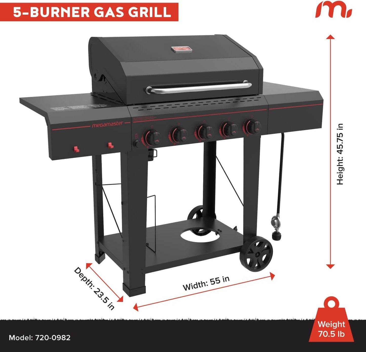 720-0982 5 Burner Propane Barbecue Gas Grill, Side Shelves with Hooks, for Outdoor Cooking, Patio, Garden Barbecue Grill, 50000 BTUs, Open Chart, Black