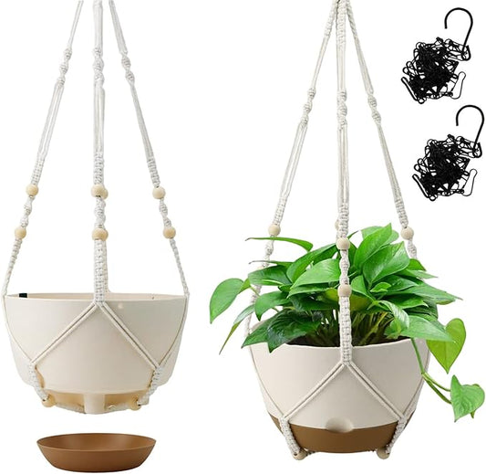 Hanging Planter Self Watering 10 Inch, 2 Pack Indoor Outdoor Hanging Baskets, Hanging Flower Pots with Drainage Hole & 2 Kinds of Plant Hangers for Garden Home Decor(Cream)…