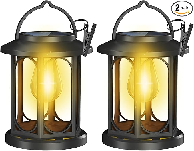 Solar Lanterns Outdoor Waterproof,Hanging Solar Lights for Outside with Built-in Bulb,Outdoor Lantern Decor for Porch,Patio,Garden,Suitable for Daily Lighting or Festive Decoration,2 Pack