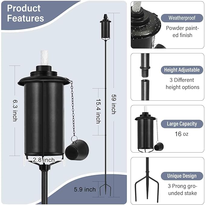 ZSZMFH 6 Pack Metal Torch for Outside, 16oz Outdoor Metal Torch Garden Décor,59-Inch Upgraded Citronella Torches with 3-Prong Grounded Stake, Table Top Torches for Party Patio Pathway