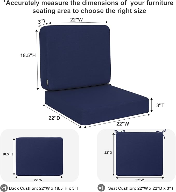 Favoyard Outdoor Deep Seat Cushion Set, 22 x 22 Inch Rainproof & 3-Year Fade Resistant Patio Furniture Cushions, Removable Seat Bottom & Back Cushion Covers with Ties for Chair, Sofa, Couch, Blue