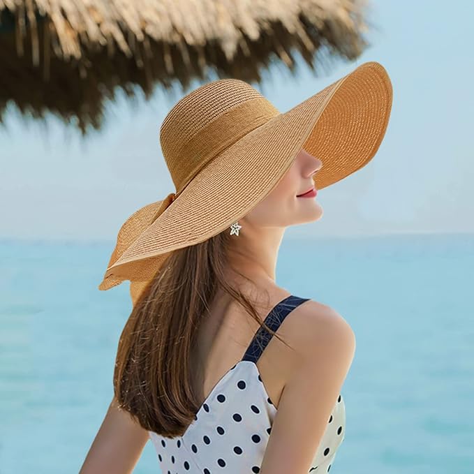 Floppy Big Beach Straw Hats for Women Foldable Summer Wide Brim Packable Sun Hat Womens Travel Straw Fedora Hat