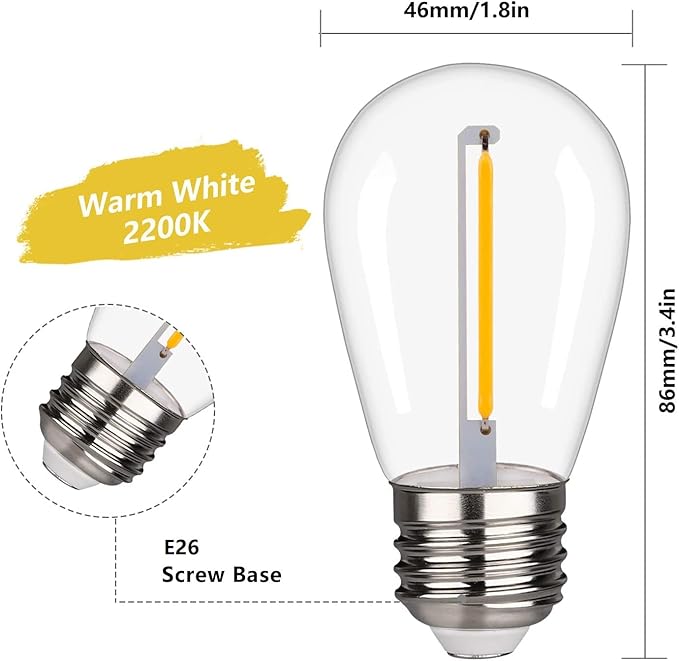 25 Pack S14 LED String Light Bulbs, 1W Shatterproof & Waterproof Outdoor Indoor Replacement Bulbs, E26 Base Edison LED Light Bulbs Warm White 2200K. (S14 25Pack)