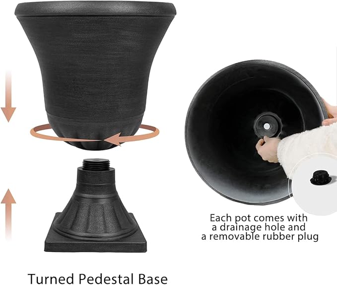 Worth Garden 2-Pack Plastic Urn Planters for Outdoor Plants, 22'' Black Tall Round Classic Resin Traditional Flower Pots - 15 in. Dia. Large Imitation Stone Decorative Pot Patio Deck Front Porch