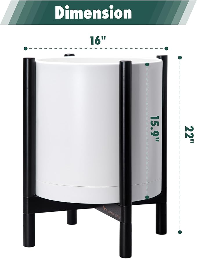 D'vine Dev Planter Pot with Stand - 16 Inch Plastic Cylinder Flower Pot with Wood Planter Holder for Indoor, Matte White Pot + Ebony Stand, 55-C-Z-1