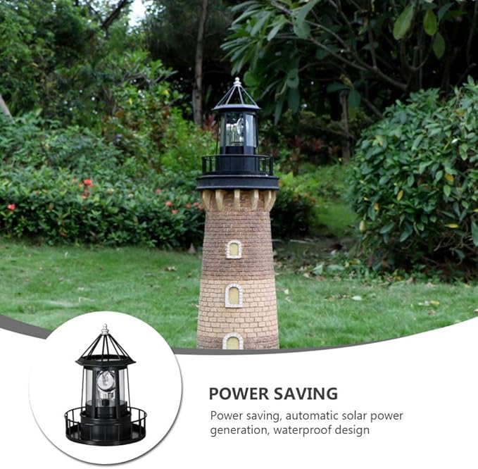Cabilock LED Rotating Lighthouse Solar Beacon Tower Lamp Water Resistant Lighthouse Light Ornament for Garden Yard Outdoor Decor