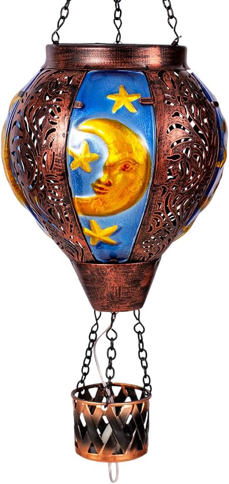 Solar Hot Air Balloon Lantern with Flame Flickering LED Metal Star Moon Hot Air Balloon Solar Lantern Outdoor Waterproof Hanging Outdoor Light for Garden,Yard,Porch Mother Day Gift for Women