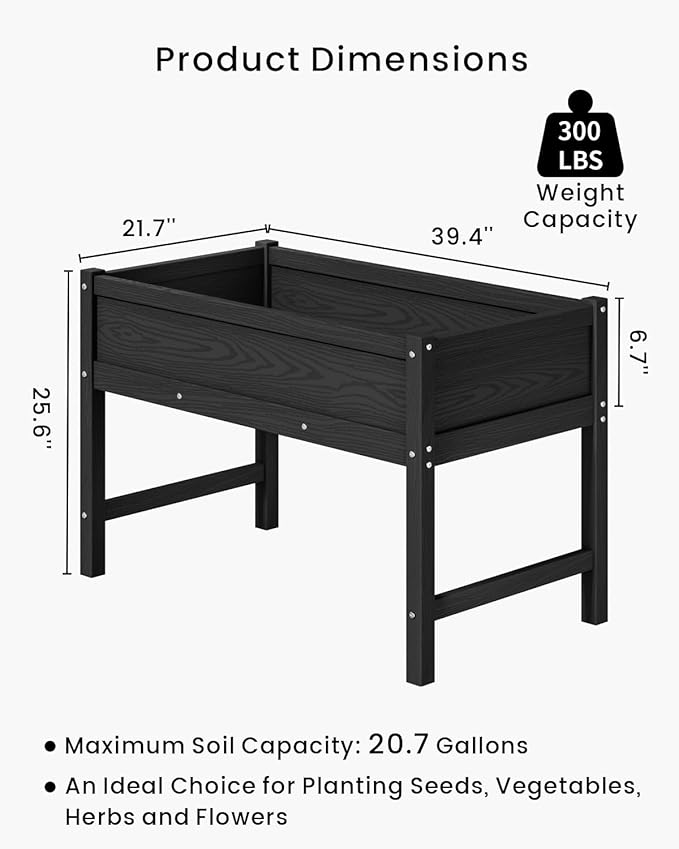 HDPE Raised Garden Bed with Legs, Outdoor Weather-Resistant Elevated Planter Box Stand for Seeds, Herbs, Flowers, Vegetables (Black)