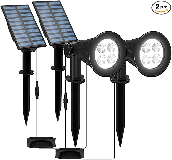 Solar Powered LED Spot Light, T-SUNUS 2 in 1 Installation Separated Panel and Light, IP65 Waterproof Outdoor Landscape Security Lighting for Patio,Yard,Garden,Driveway,Stair (2Pack White-6000K)