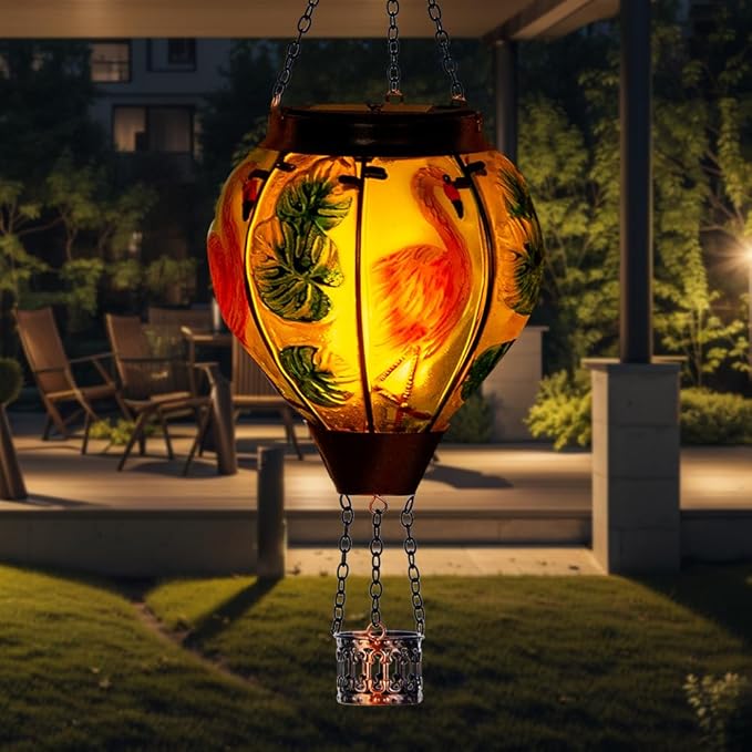Starsoul 2 PC Flamingo Hot Air Balloon Solar Lantern with Flame Glass Outdoor Hanging Hot Air Balloon Solar Light Waterproof Garden Patio Yard Party Decorations