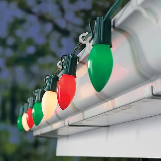 25Ft Red, White, and Green C9 Outdoor Christmas Lights with 26 Incandescent Bulbs (1 Spare), Extendable C9 Christmas String Lights for Tree, Roofline