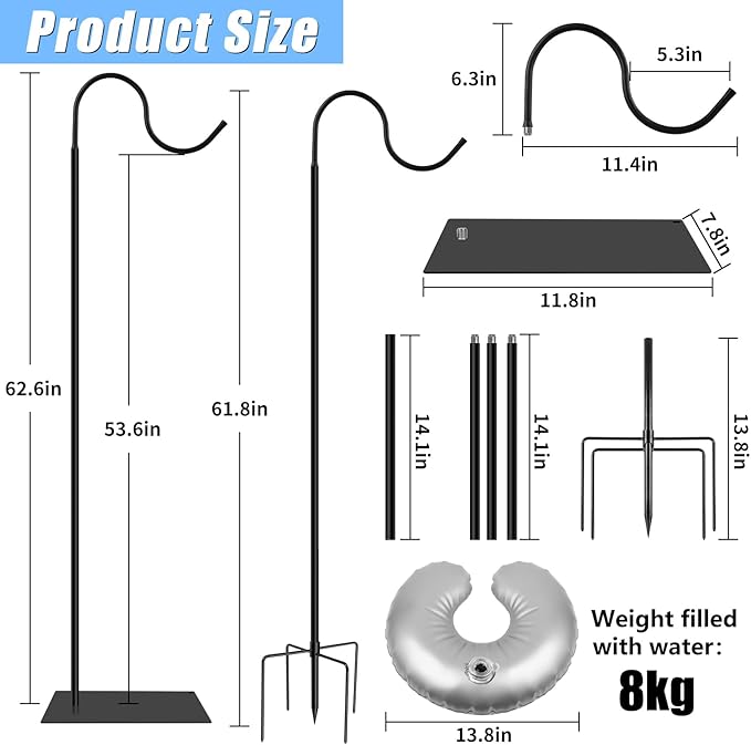 2 in 1 Hummingbird Feeder Stand, Adjustable 20-63 Inch Shepherds Hook for Outdoor Indoor, Wind Chime Stand Bird Feeder Pole with Base, 4 Prongs Base, Water Weight Bag(Wind Chime Not Include)