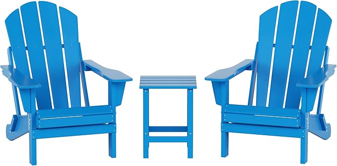 WO Home Furniture Adirondack Chairs Table Set of 3 PCS Outdoor Folding Chairs Side End Table Weather/UV Resistant for Lawn, Garden, Bon Fire, Balcony (Pacific Blue)