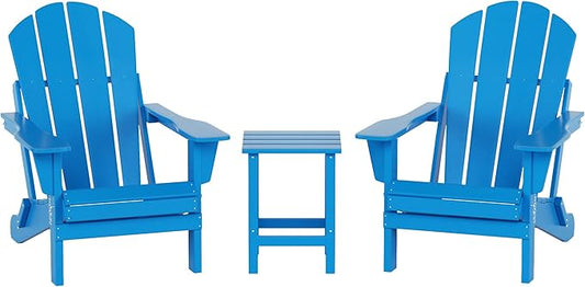 WO Home Furniture Adirondack Chairs Table Set of 3 PCS Outdoor Folding Chairs Side End Table Weather/UV Resistant for Lawn, Garden, Bon Fire, Balcony (Pacific Blue)
