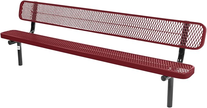Coated Outdoor Furniture Heavy-Duty Outdoor Bench Thermoplastic Coated, Expanded Metal, Commercial-Grade Seating, Made in America (Inground with Back, 8 Ft, Burgundy)