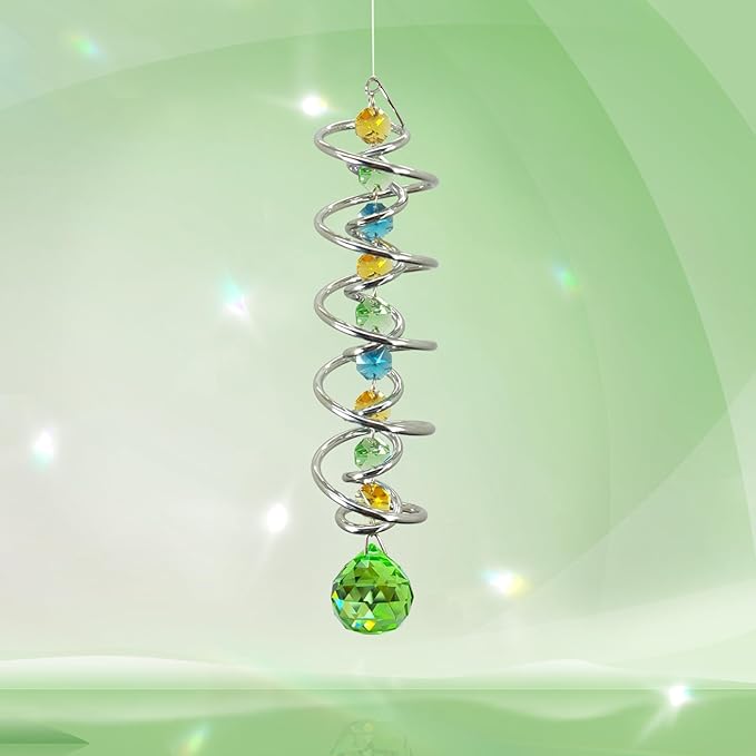 FONMY Gazing Ball Spiral Tail -Decorative Wind Spinner Sun Catcher Rainbow Maker Double-Spiral W/Green Crystal Ball and Chain Crystals for Indoor Outdoor Garden Decoration -14 inch Height