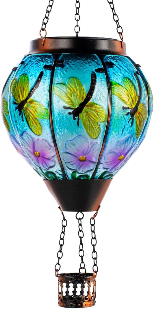 Dragonfly Solar Hot Air Balloon Lantern with Flame, Glass Hot Air Balloon Solar Lantern Outdoor Waterproof, Decorative Hanging Hot Air Balloon Solar Light for Outside Garden Patio Yard
