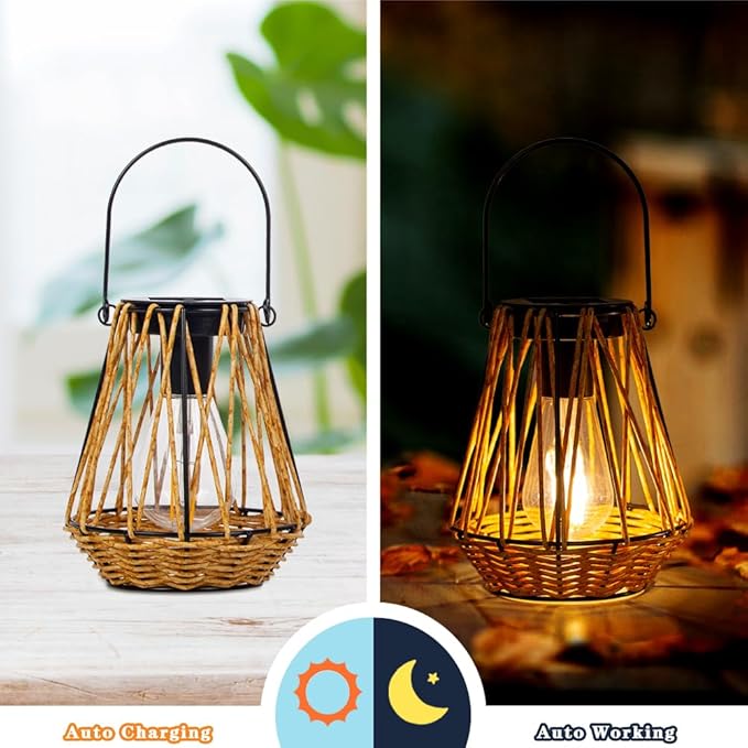 Solar Lanterns,2 Pack Hanging Solar Lantern Outdoor Lanterns for Patio Waterproof,Rattan Lantern with Handle,Decorative Retro Rattan Lights for Yard
