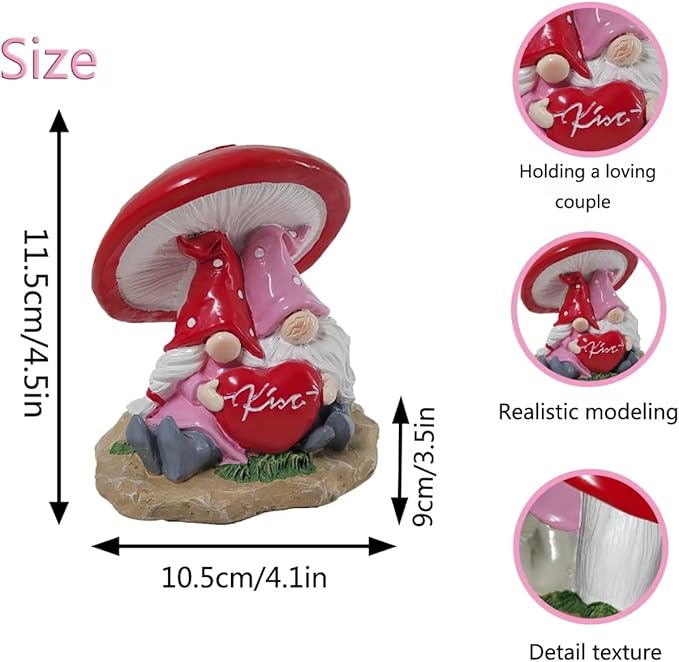 Garden Pink Tiny Gnome Couple Statue with Red Heart Mushroom Funny Outdoor Resin Figurines Home Decorations Valentine’s Day Housewarming Ornament Gift