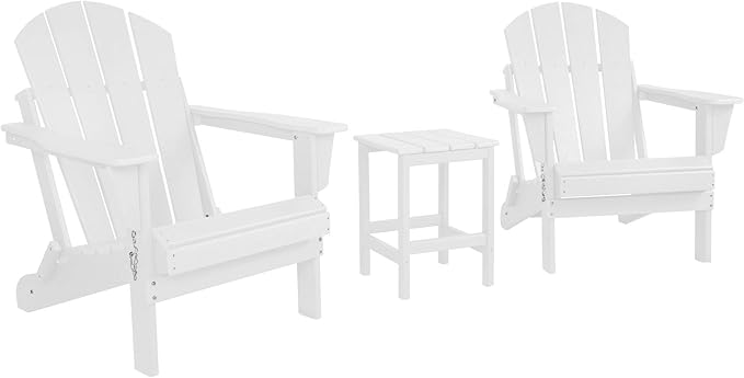 WO Home Furniture Adirondack Chairs Table Set of 3 PCS Outdoor Folding Chairs Side End Table Weather/UV Resistant for Lawn, Garden, Bon Fire, Balcony (White)