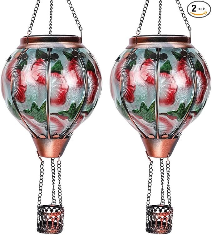 2PC Hot Air Balloon Solar Lantern with 2PC Shepherd Hook, Flickering Flame Hanging Solar Lanterns Outdoor Lights Waterproof Lanterns for Garden Patio Yard Party Decor (Hummingbirds & Flowers)