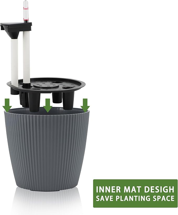 Dexceder 13x12 Self Watering Planters Indoor, Inner Mat Design, Floor Standing Flower Plant Pot with Water Level Indicator (2 Pack, Gray)