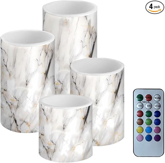 Flameless LED Battery Candles 4 PCS Pillar Candles with 18-Key Timer Remote Control Colorful Lights for Table Centerpiece Home Indoor Wedding Decoration, White Grey Marble