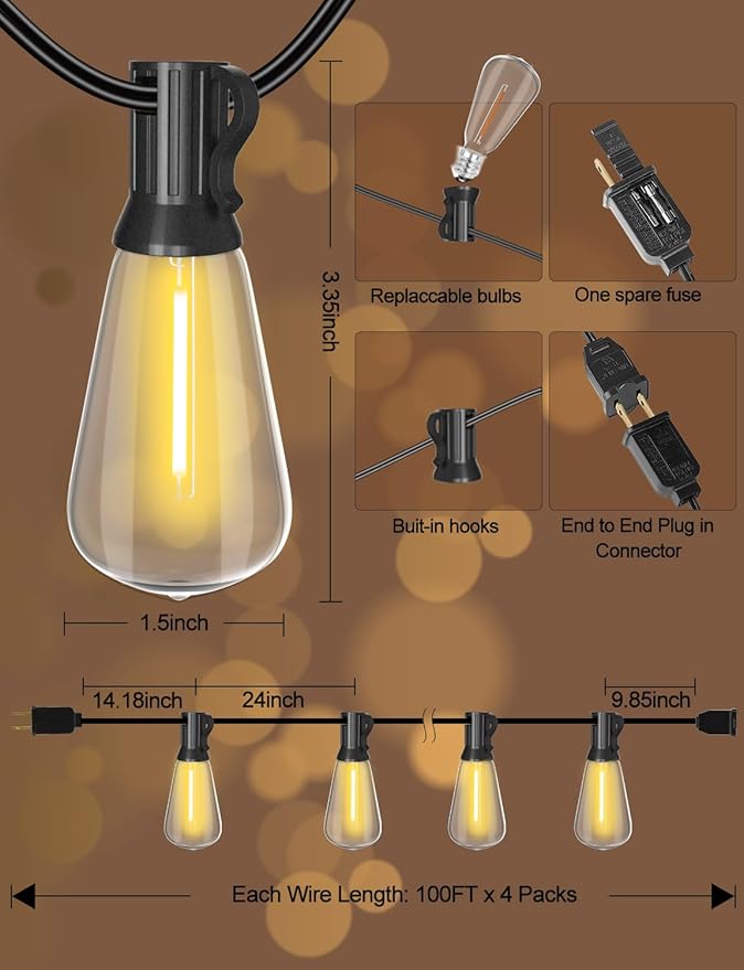 SUFEIMAS Outdoor String Lights Waterproof 400FT (100ft*4) shatterproof Patio Lights for Outside with 212 Vintage dimmable LED Edison Bulbs,Backyard Lights for Fence Garden,Balcony Porch Party Bistro