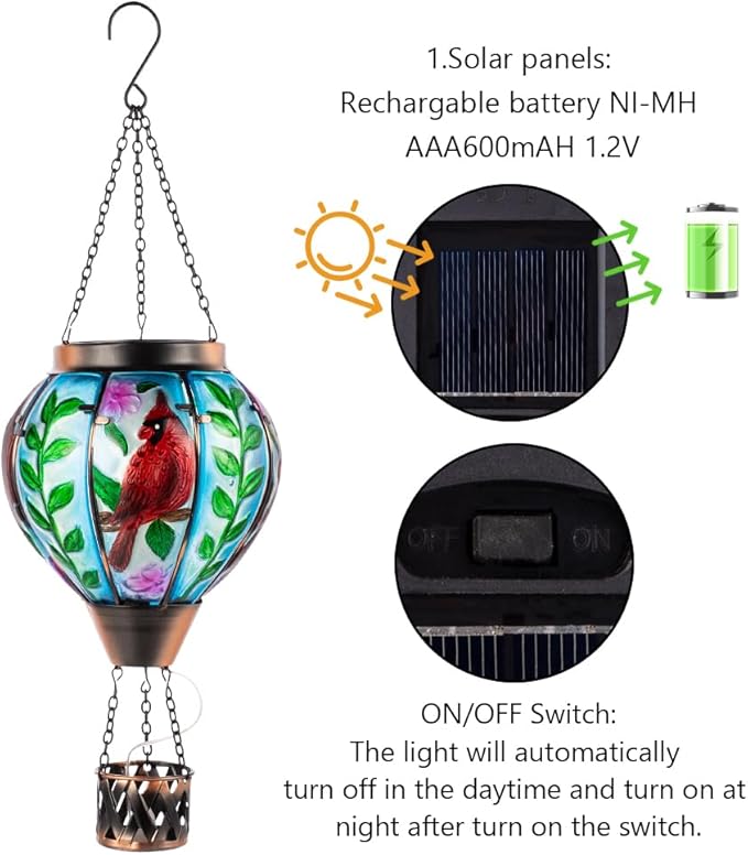 Starsoul Cardinal Hot Air Balloon Solar Flickering Flame with Candle Holder Outdoor Solar Lantern Hot Air Balloon Solar Light Waterproof Hanging Solar Balloon Lamp Garden Patio Yard Decor