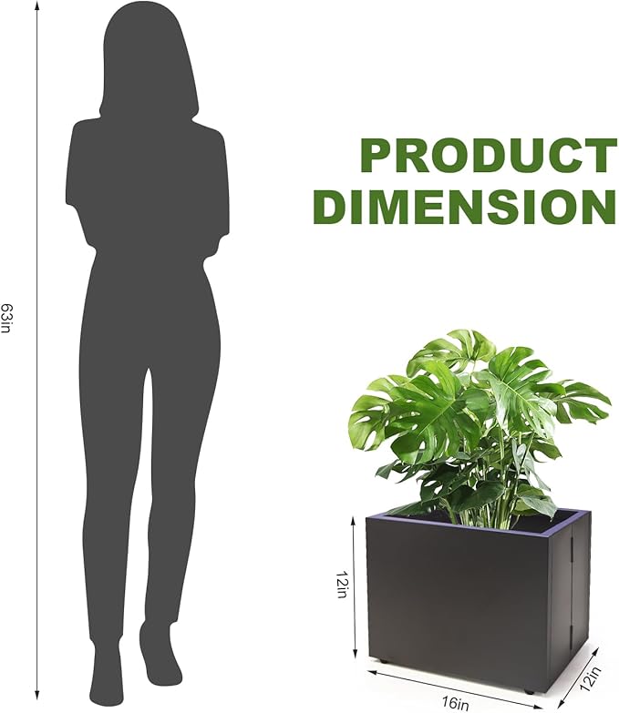 Metal Planter Box Rectangular Block-No Installation Required Galvanized Steel Long Box Planter Modern Outdoor Planters All-Weather Use with Drainage Holes for Patio/Porch,16 ×12×12IN