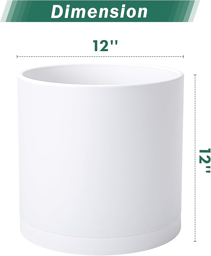 D'vine Dev 2 Pack 12 Inch Modern Plastic Plant Pots, Small Garden Planters for Plant with Drainage Holes and Saucers, White Color, 74-Z-P-1
