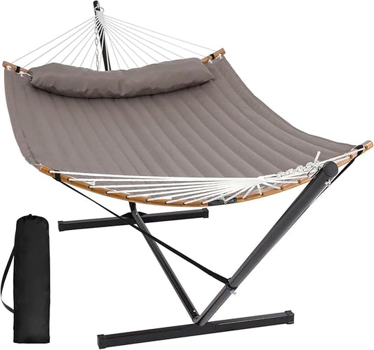 SUNCREAT Hammocks Portable Hammock with Frame, Backyard Double Hammock with Curved Spreader Bar, Brown