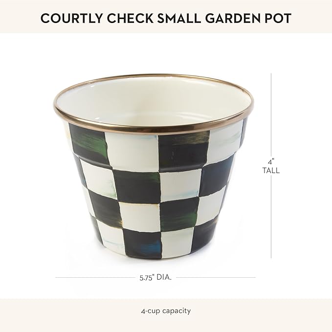 MACKENZIE-CHILDS Enamel Garden Pot, Planting Pot for Plants and Flowers, Small, Black-and-White Courtly Check