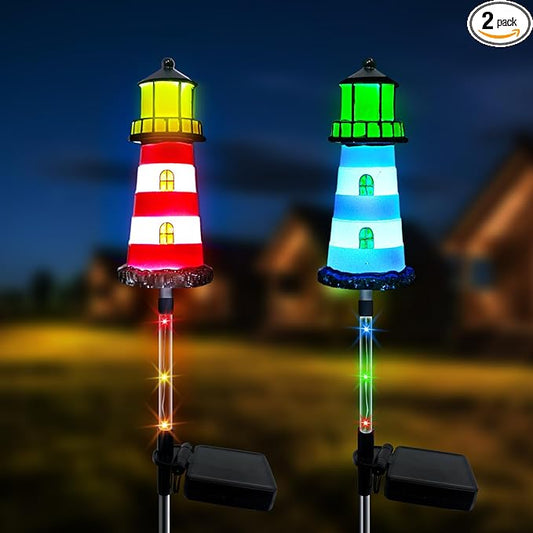 Solar Lights Outdoor Waterproof,2 PCS Lighthouse Solar Outdoor Lights,IP65 Waterproof Pathway Transparent Tube Lighthouse with 7 Color Gradients, for Your Home Patio Walkway Lawn Decor