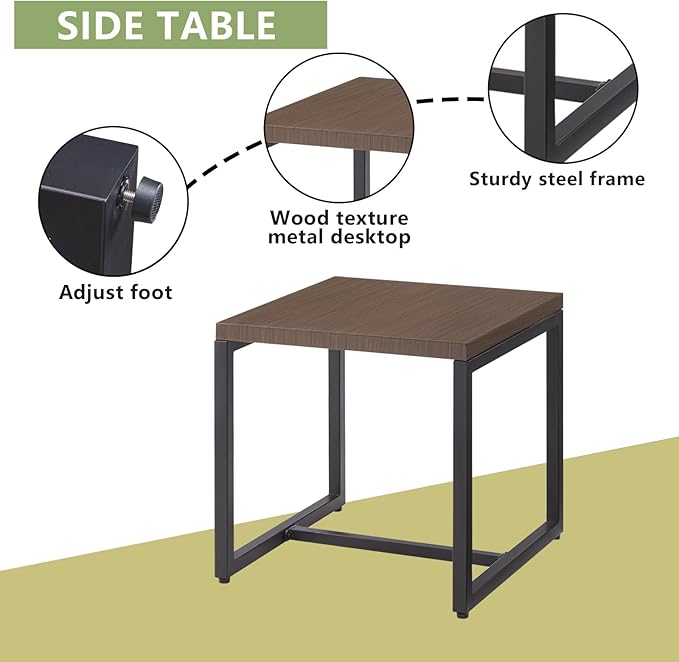 Patio Tables Outdoor Coffee Table - Steel Side Tables End Table for Proch Deck Balcony Garden Squre Brown Tabletop