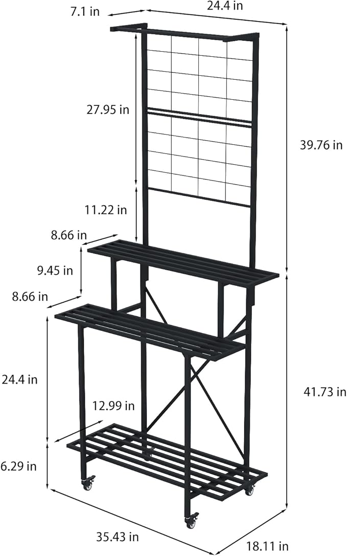 Zhongma 3 Tier Heavy Duty Plant Stand with Hanging Plant pot shelf with wheels, 35.43 L x 18.11 W x 81.1H multi layer plant Holder for Home, Garden, Plant Lovers,Metal Storage Rack Shelf/Freestanding