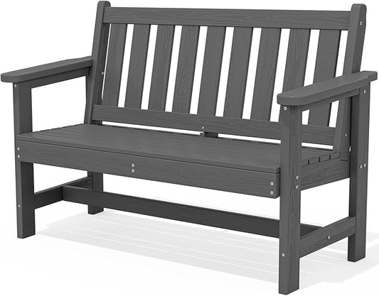 SERWALL Outdoor Bench, HDPE Outdoor Benches Weatherproof, 2-Person Garden Bench with 660 lbs Weight Capacity, Patio Benches for Outdoors, Garden, Porch, Backyard and Park, Grey
